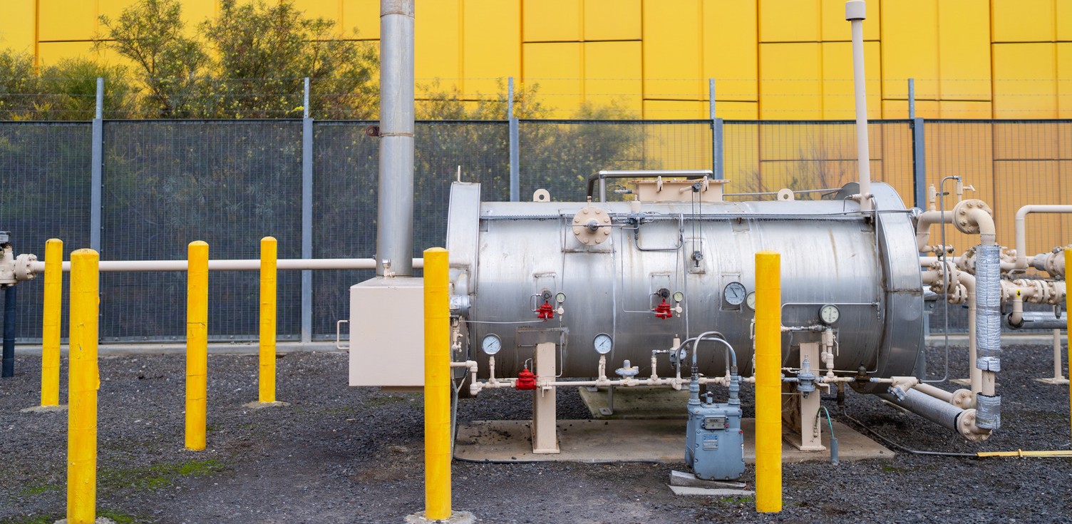 A large metallic gas cylinder