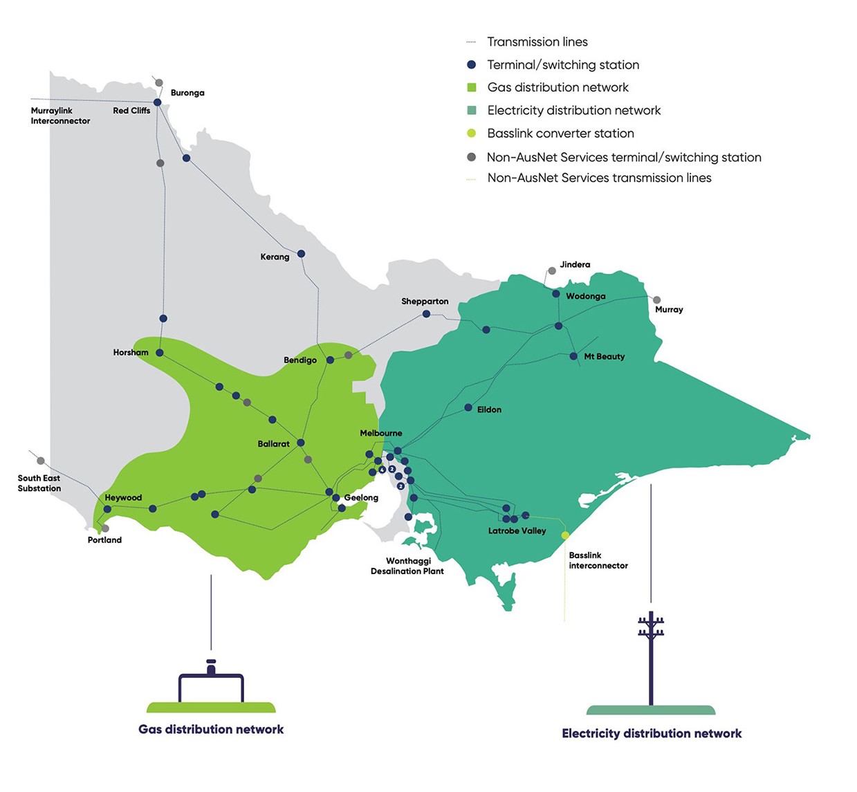 A map depicting AusNet's electricity and gas networks